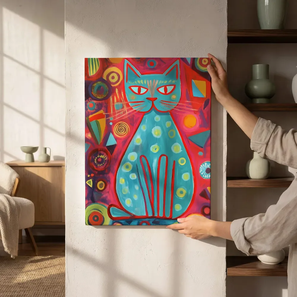 Sfeerimpressie: Turquoise kat rode omlijning naast de kast