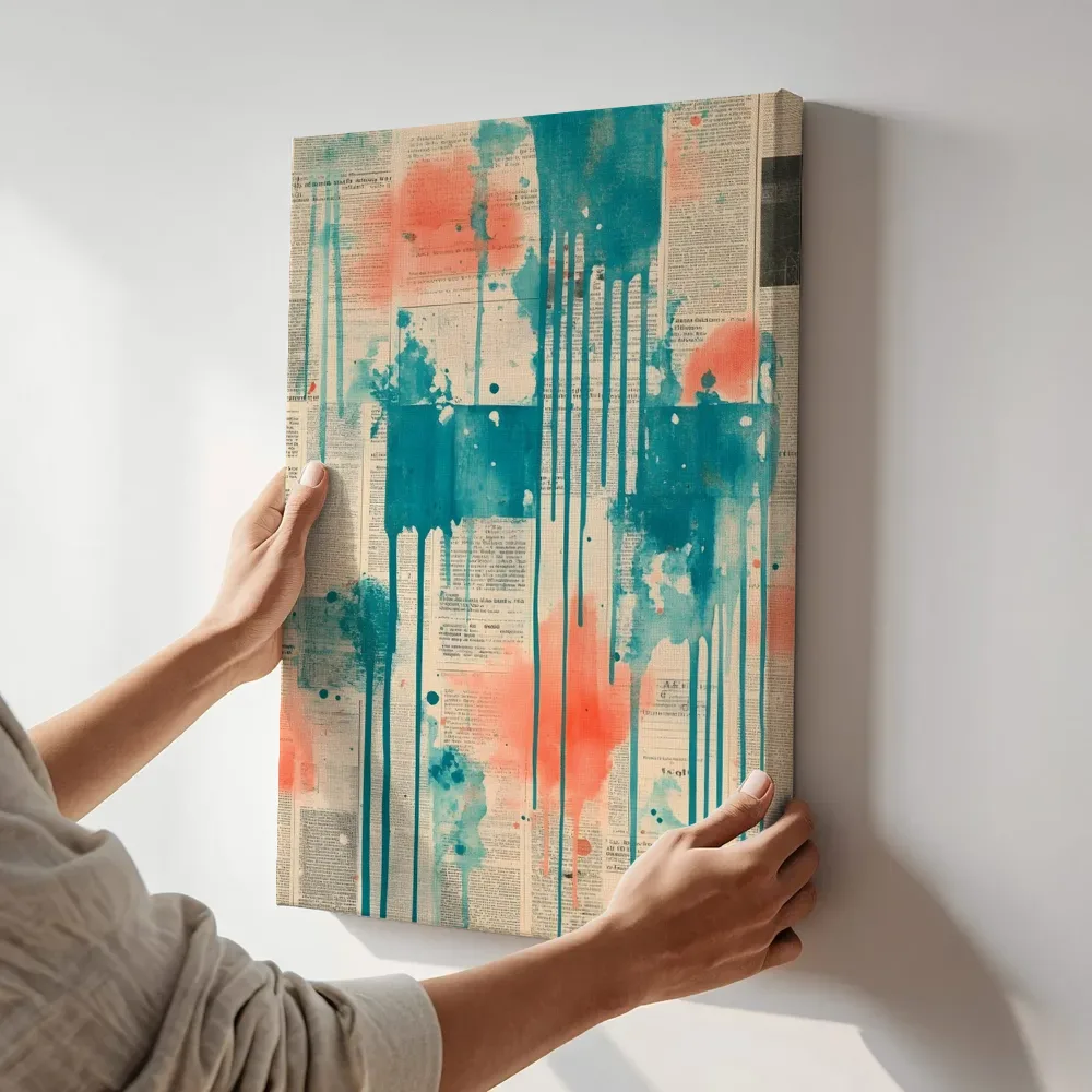 Sfeerimpressie: Turquoise koraalkleurige verfdruppels terwijl het aan de muur wordt gehangen