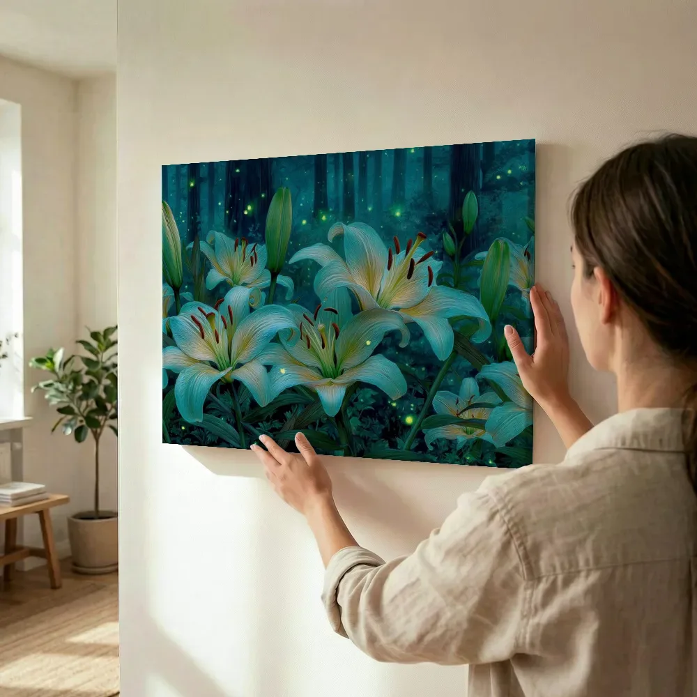 Sfeerimpressie: Turquoise lelies in het toverbos terwijl het wordt opgehangen