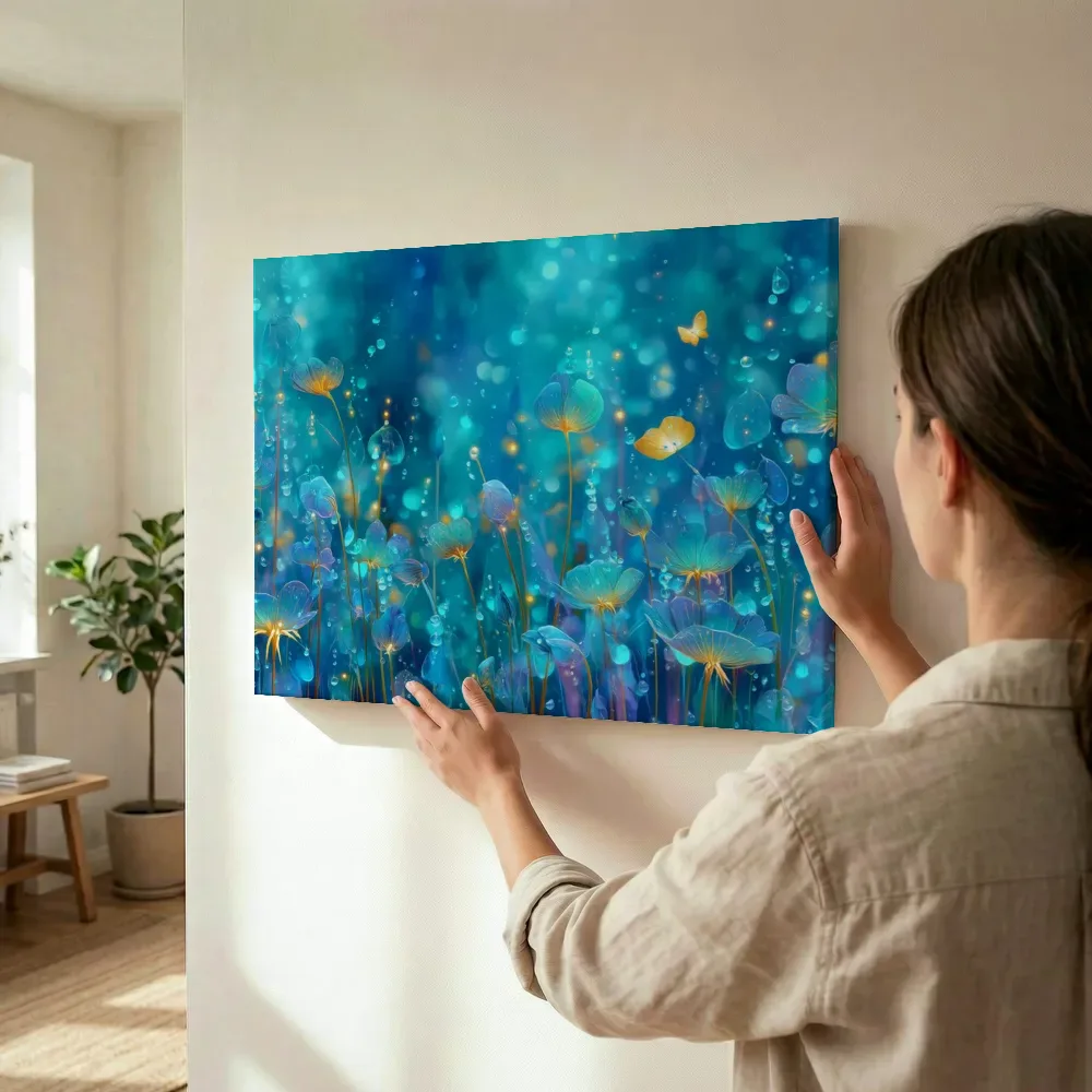 Sfeerimpressie: Turquoise lichtveld vol bloesem terwijl het wordt opgehangen