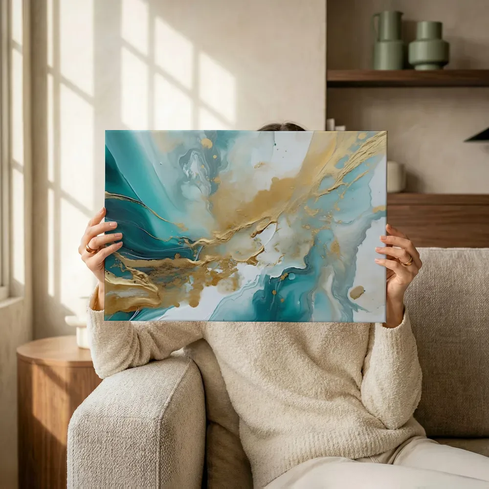 Sfeerimpressie: Turquoise marmer met goud terwijl het omhoog wordt gehouden