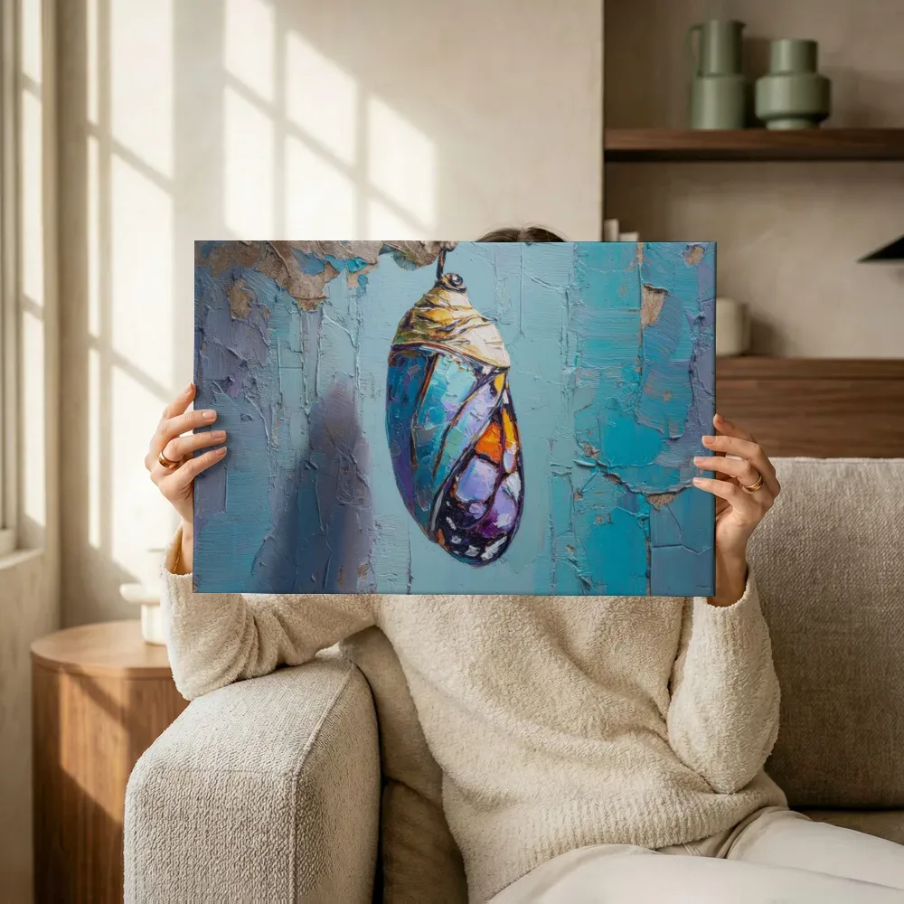 Sfeerimpressie: Turquoise monarchcocon terwijl het omhoog wordt gehouden