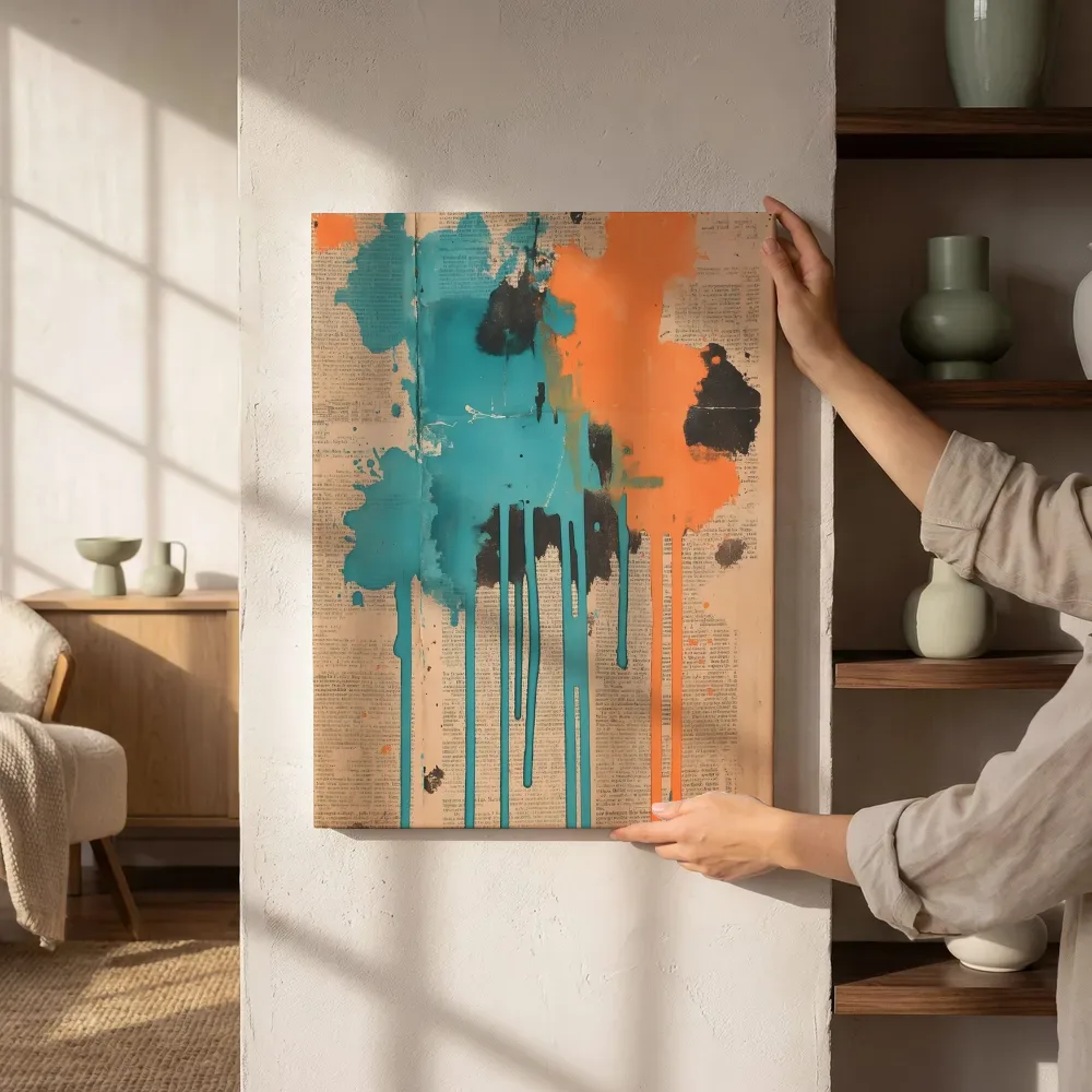 Sfeerimpressie: Turquoise oranje drip collage naast de kast