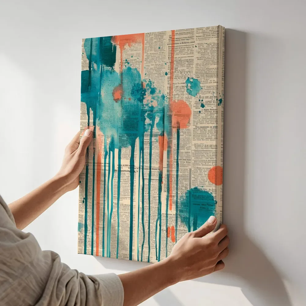 Sfeerimpressie: Turquoise oranje verticale druipverf terwijl het aan de muur wordt gehangen