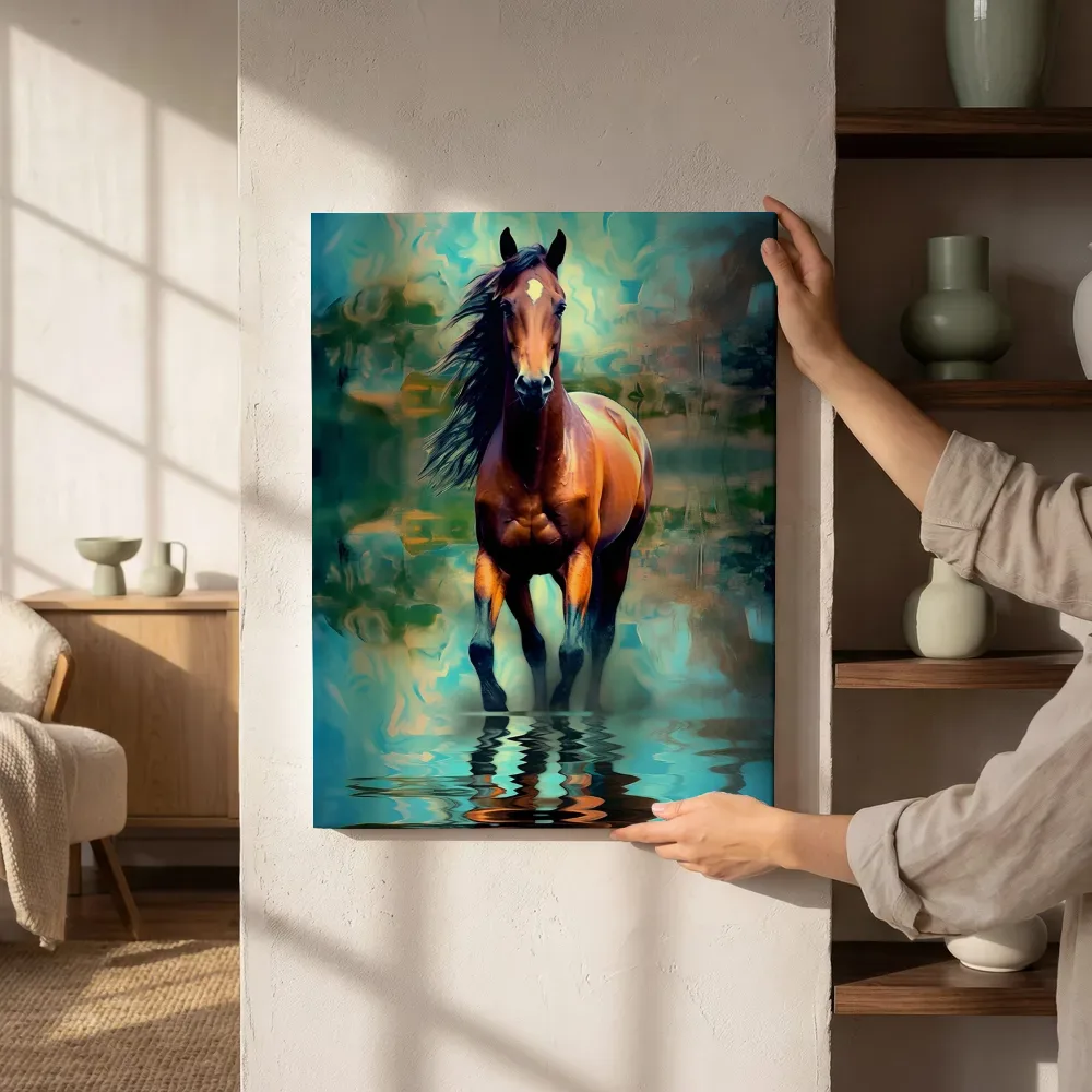 Sfeerimpressie: Turquoise paard met waterreflectie naast de kast