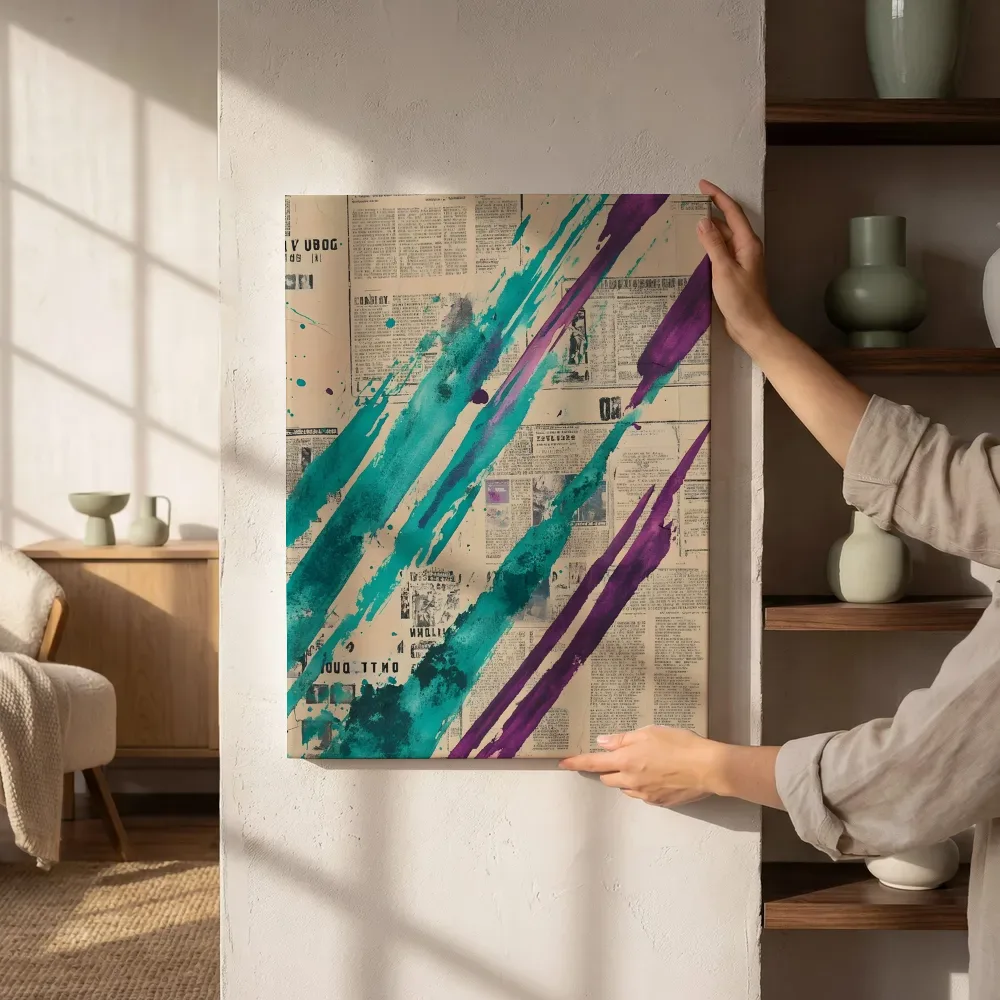 Sfeerimpressie: Turquoise paarse diagonale strepen naast de kast