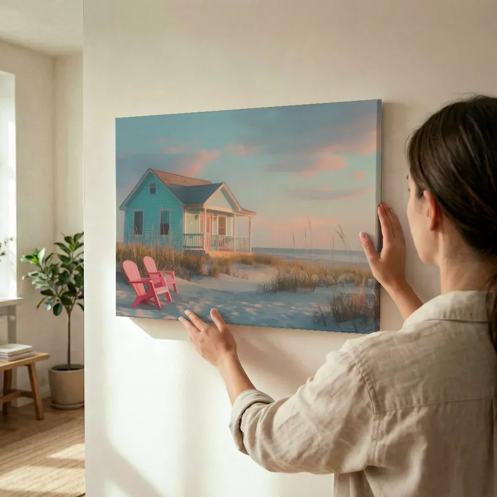 Sfeerimpressie: Turquoise strandhuisje met roze stoelen terwijl het wordt opgehangen