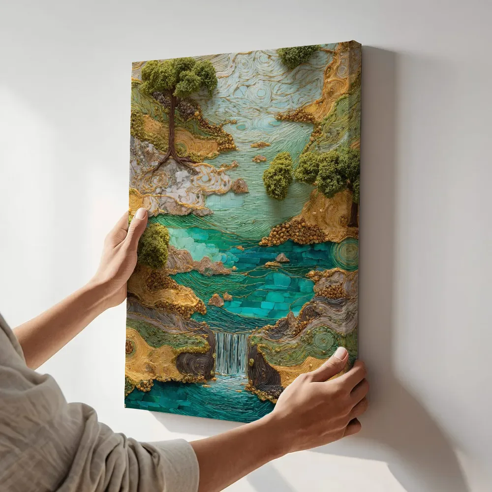 Sfeerimpressie: Turquoise waterval in mineraallandschap terwijl het aan de muur wordt gehangen