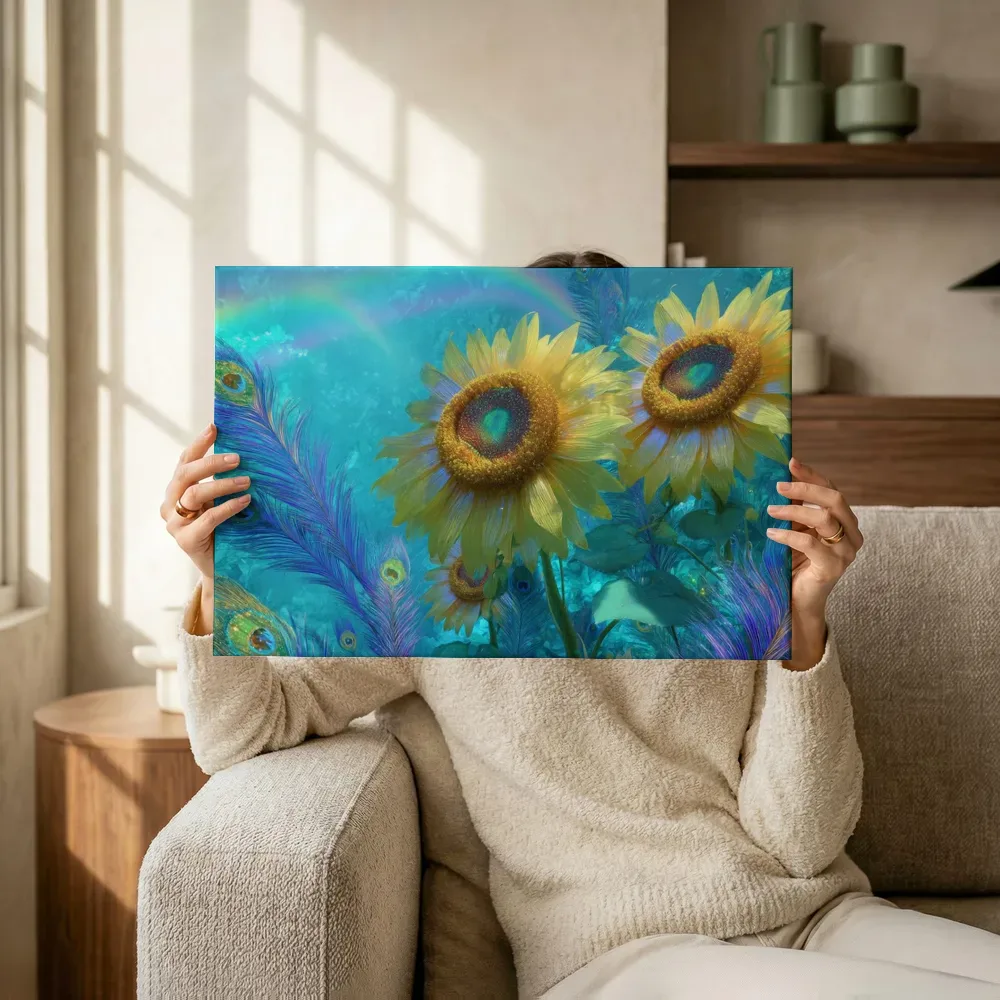 Sfeerimpressie: Turquoise zonnebloemen met pauwenveren terwijl het omhoog wordt gehouden