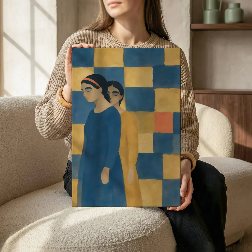 Sfeerimpressie: Twee figuren dicht bij elkaar in delftsblauw en oker terwijl het zittend wordt getoond