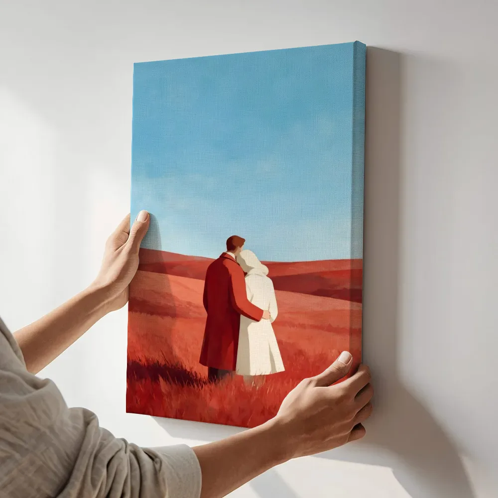 Sfeerimpressie: Twee figuren dicht bijeen in hemelsblauw terwijl het aan de muur wordt gehangen