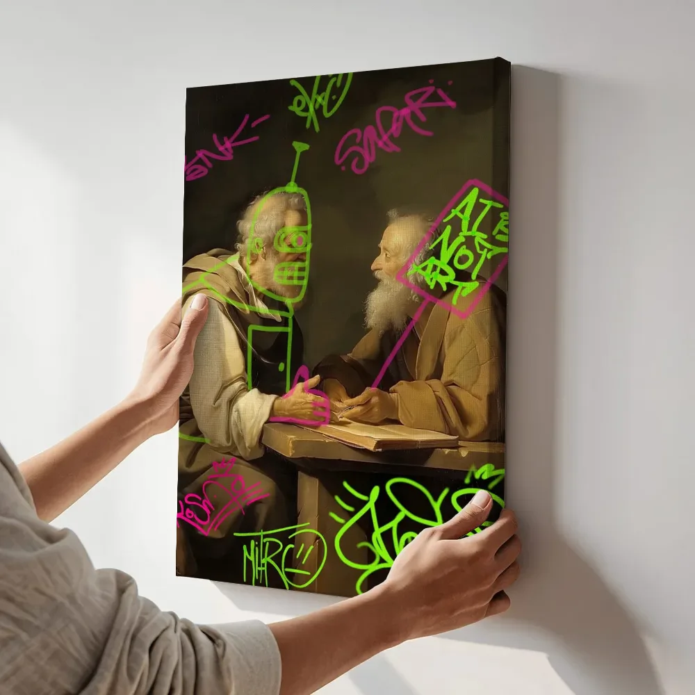 Sfeerimpressie: Twee filosofen graffiti editie terwijl het aan de muur wordt gehangen