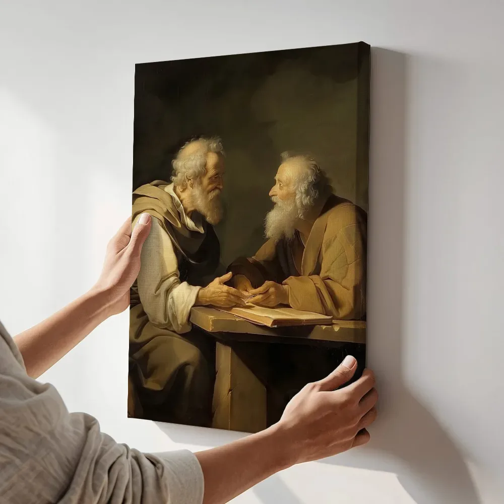 Sfeerimpressie: Twee filosofen terwijl het aan de muur wordt gehangen