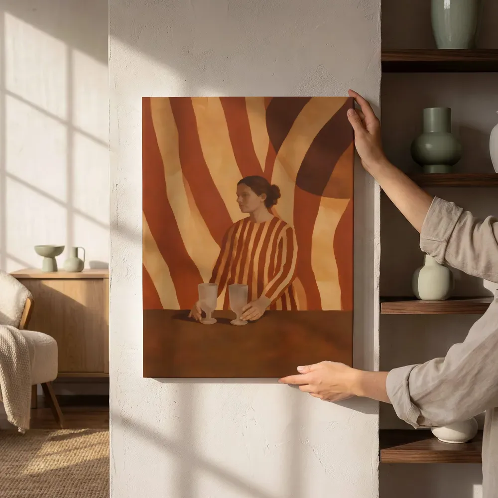 Sfeerimpressie: Twee glazen op tafel in terracotta en zand naast de kast