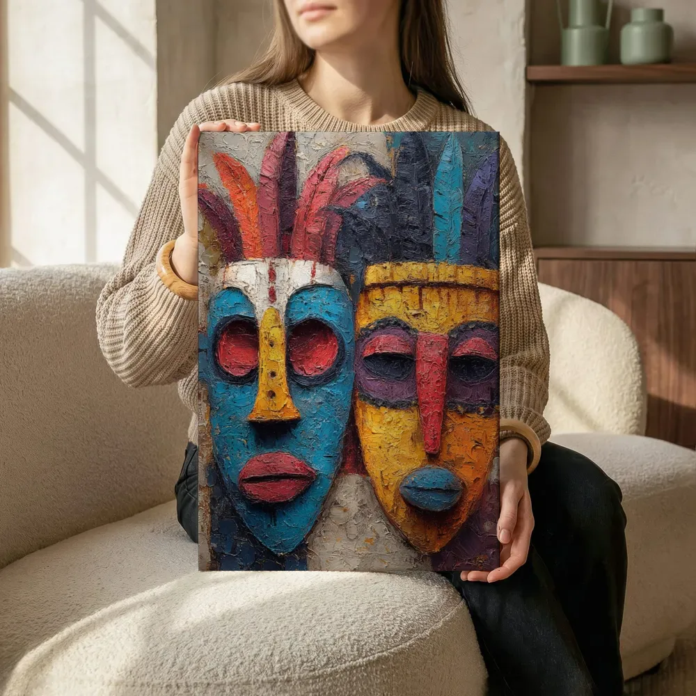 Sfeerimpressie: Twee houten maskers met verenkroon terwijl het zittend wordt getoond