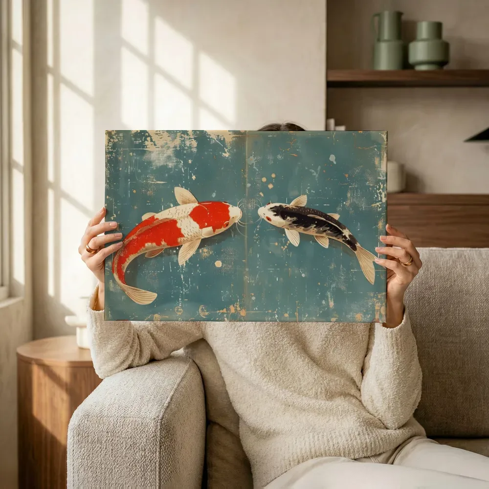 Sfeerimpressie: Twee koi vissen op verweerde achtergrond terwijl het omhoog wordt gehouden