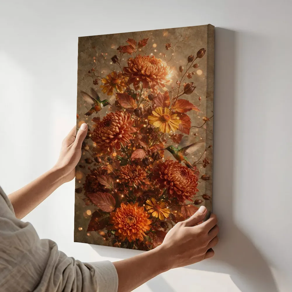 Sfeerimpressie: Twee kolibries in herfsttinten terwijl het aan de muur wordt gehangen