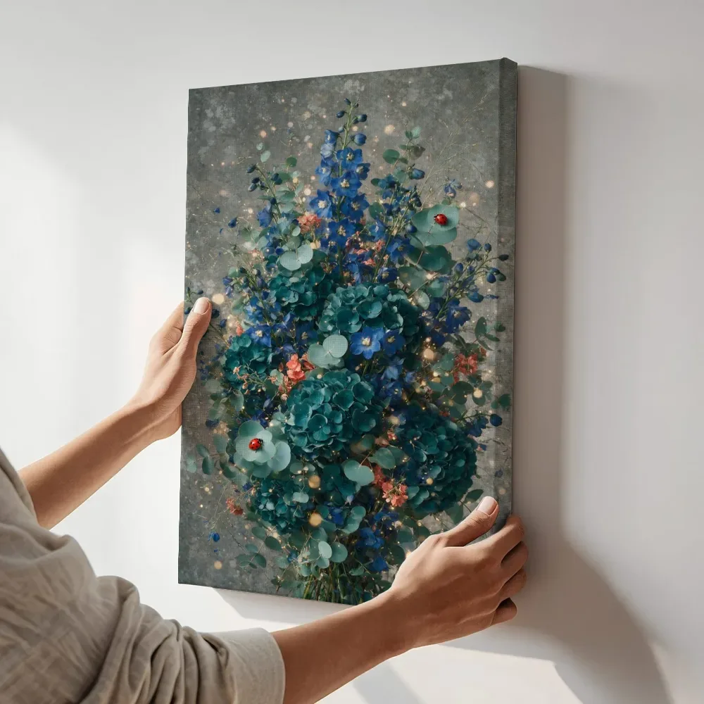 Sfeerimpressie: Twee lieveheersbeestjes in oceaantinten terwijl het aan de muur wordt gehangen