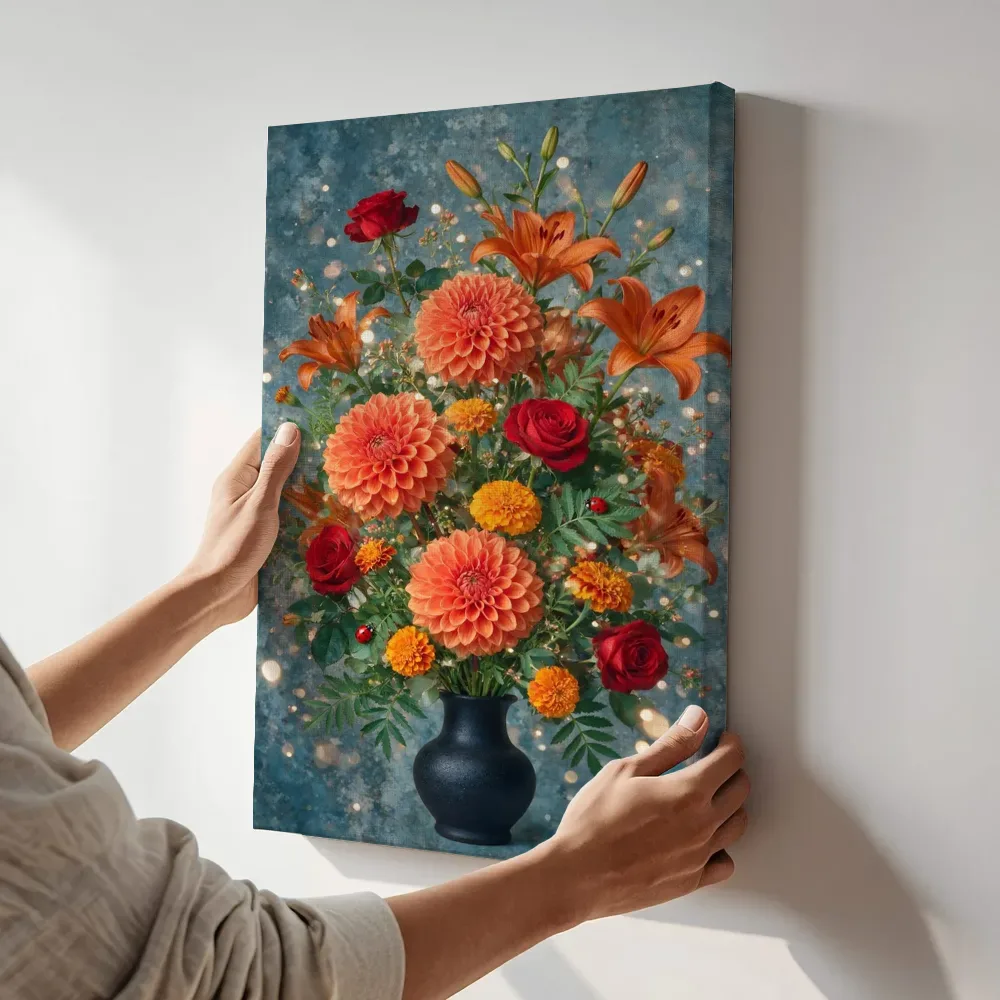 Sfeerimpressie: Twee lieveheersbeestjes in warme tinten terwijl het aan de muur wordt gehangen