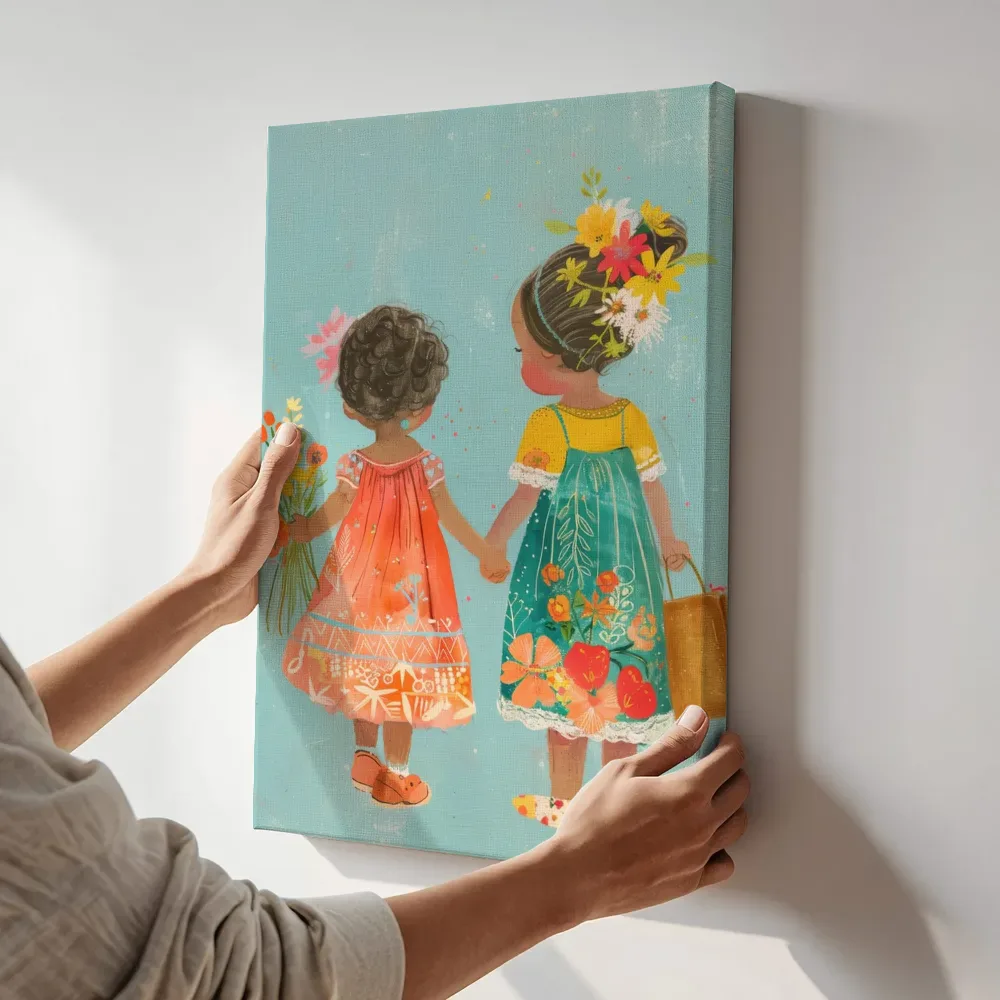 Sfeerimpressie: Twee meisjes hand in hand terwijl het aan de muur wordt gehangen