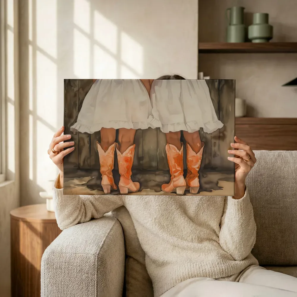 Sfeerimpressie: Twee meisjes in witte jurken met cowboylaarzen terwijl het omhoog wordt gehouden