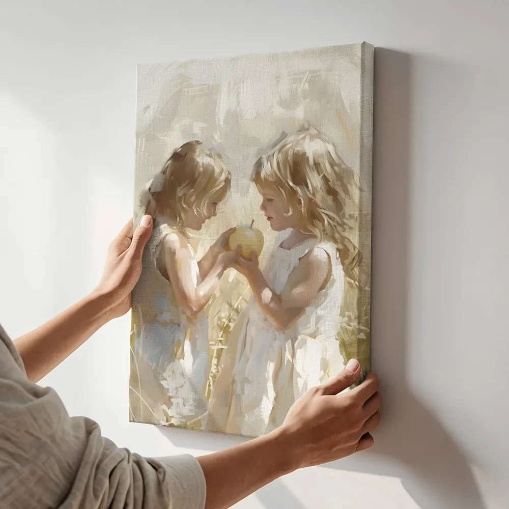 Sfeerimpressie: Twee meisjes met een appel terwijl het aan de muur wordt gehangen