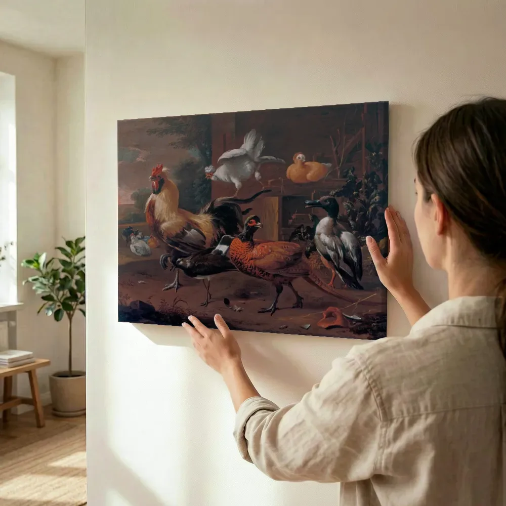 Sfeerimpressie: Haan, fazant, ekster en duif in een tuin van Melchior d'Hondecoeter terwijl het wordt opgehangen