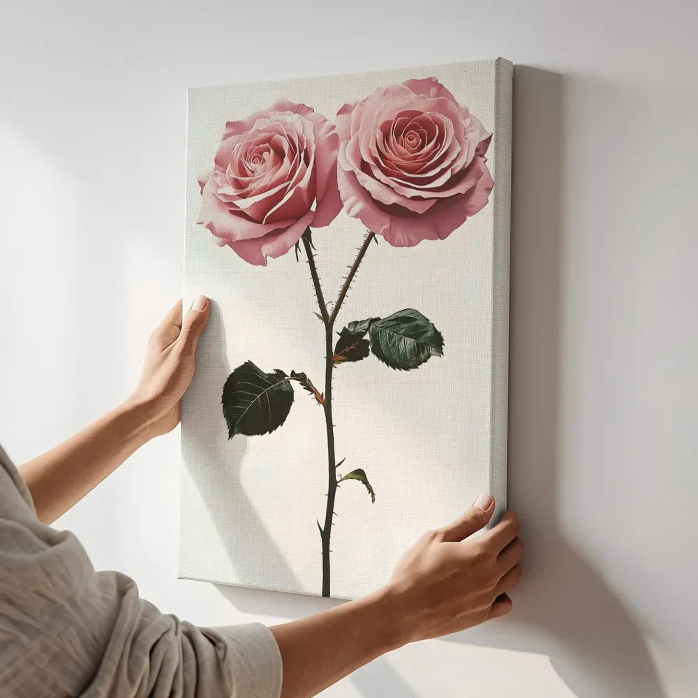 Sfeerimpressie: Twee roze rozen terwijl het aan de muur wordt gehangen