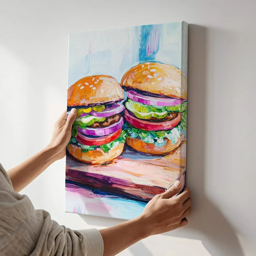 Sfeerimpressie: Twee stevige hamburgers op snijplank terwijl het aan de muur wordt gehangen