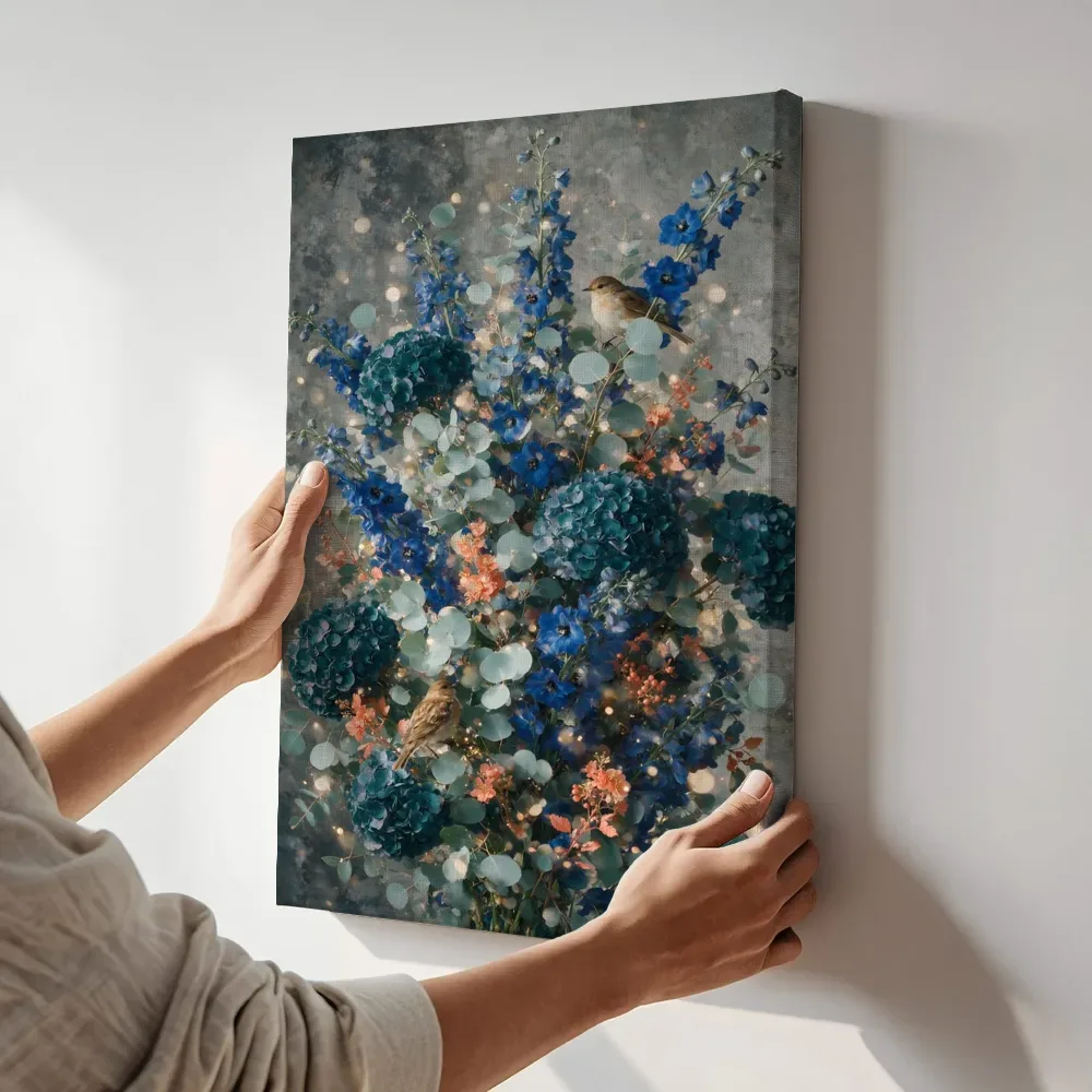 Sfeerimpressie: Twee vinken in oceaantinten terwijl het aan de muur wordt gehangen