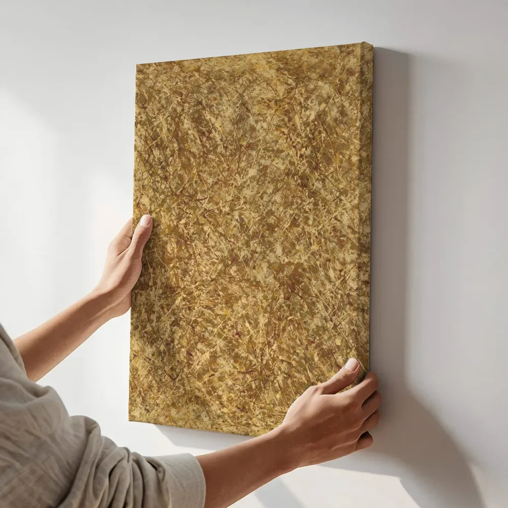 Sfeerimpressie: Twee vlakken Spetter in kastanje en goud terwijl het aan de muur wordt gehangen