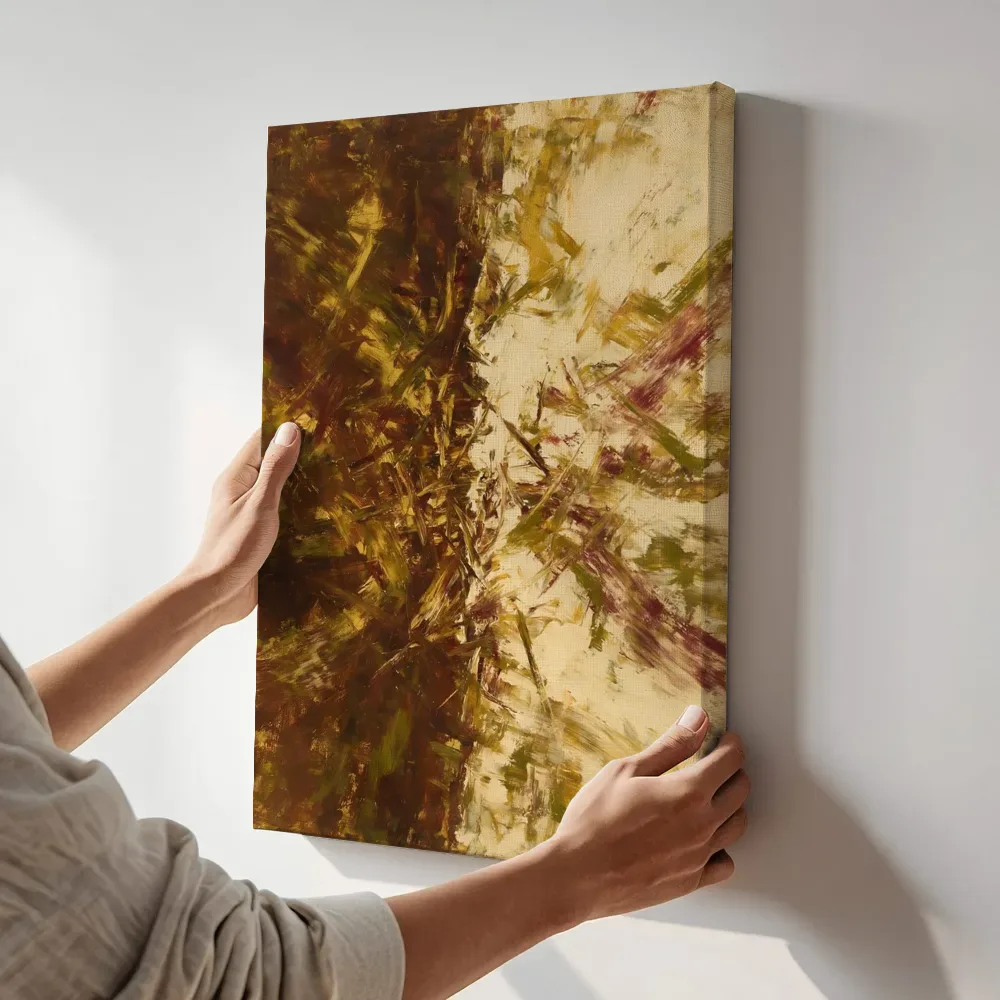 Sfeerimpressie: Twee vlakken Zwaai in diep kastanje en goud terwijl het aan de muur wordt gehangen