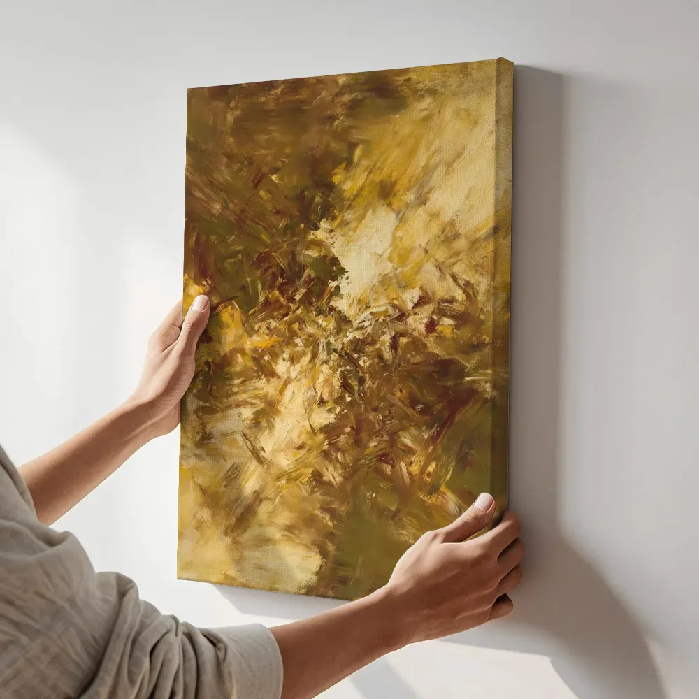 Sfeerimpressie: Twee vlakken Zwaai in kastanje en goud terwijl het aan de muur wordt gehangen