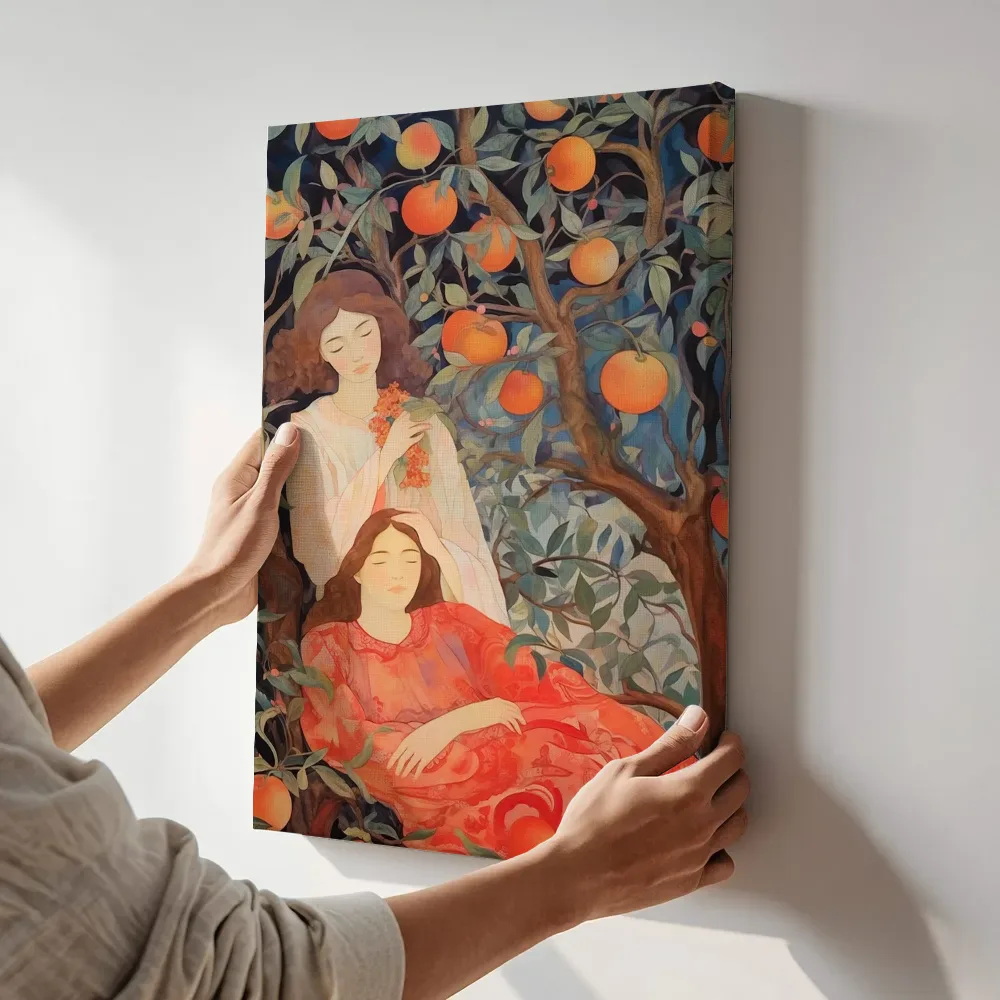 Sfeerimpressie: Twee vrouwen in sinaasappelboomgaard terwijl het aan de muur wordt gehangen