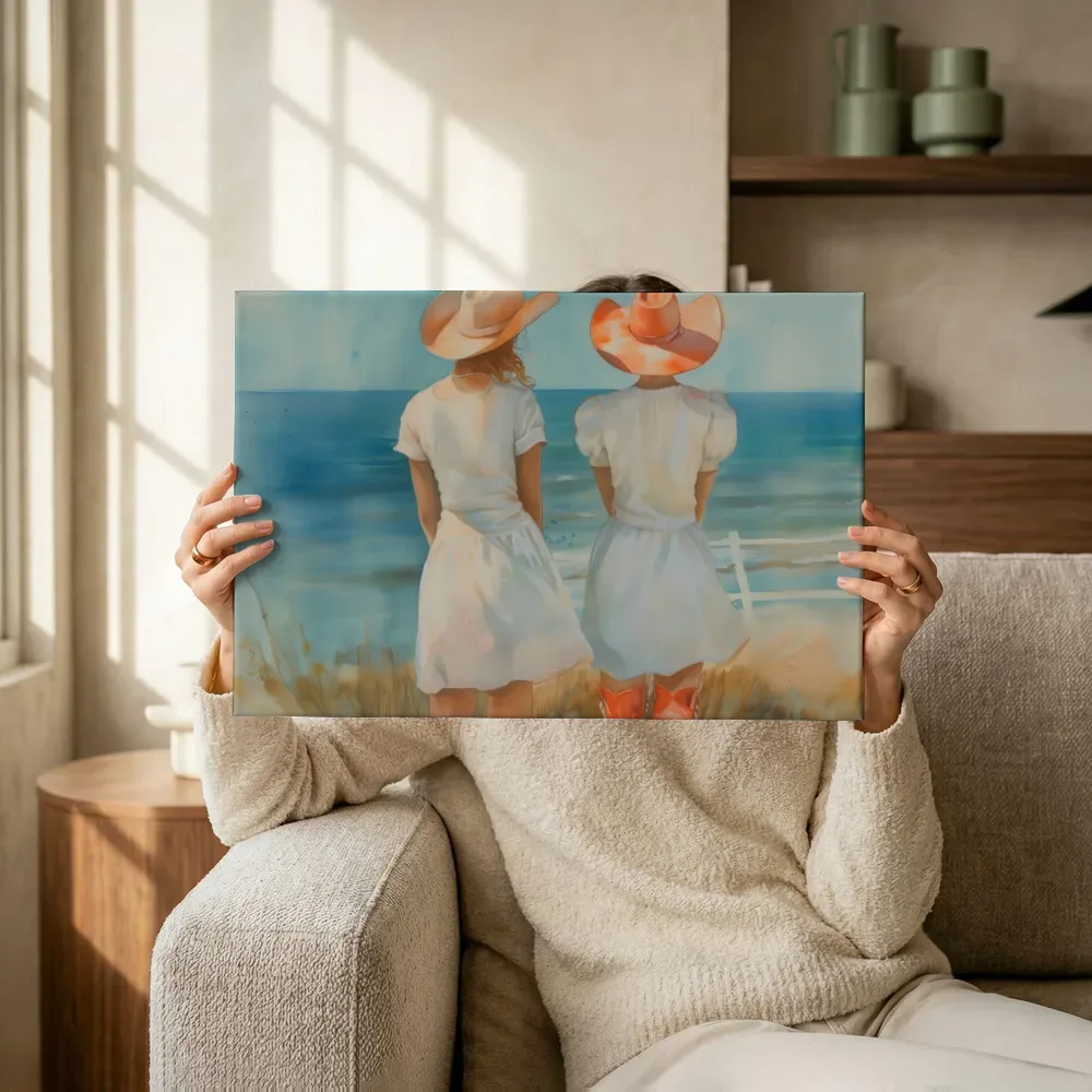 Sfeerimpressie: Twee vrouwen met cowboyhoeden aan zee terwijl het omhoog wordt gehouden