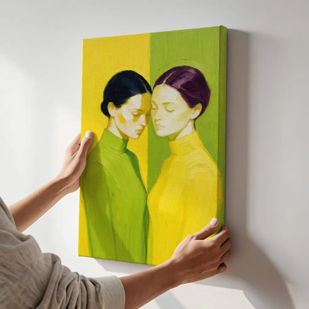 Sfeerimpressie: Twee vrouwen, olieverf in citroen en lindegroen terwijl het aan de muur wordt gehangen