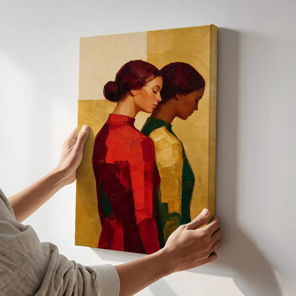 Sfeerimpressie: Twee vrouwen, olieverf in diep granaatappel terwijl het aan de muur wordt gehangen