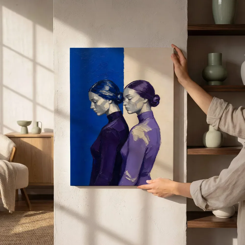 Sfeerimpressie: Twee vrouwen, olieverf in diep kobalt en violet naast de kast