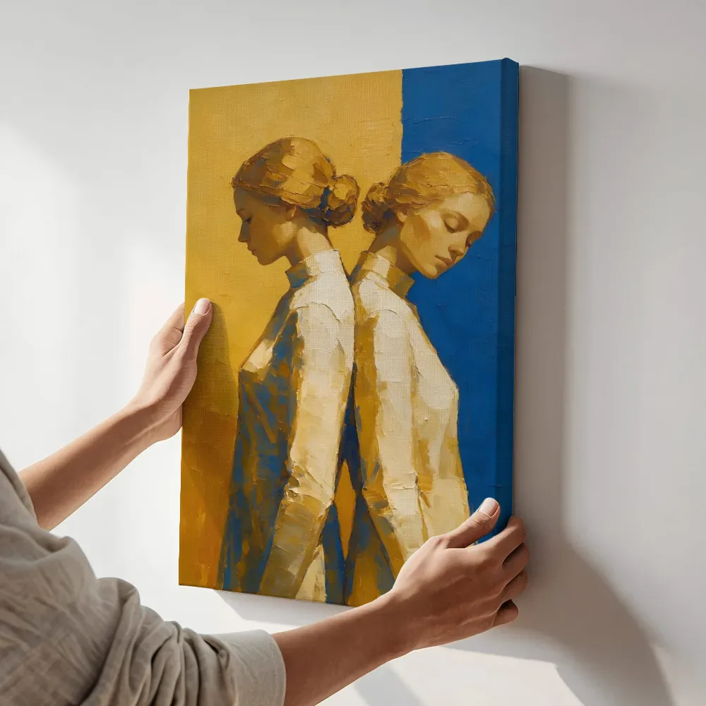 Sfeerimpressie: Twee vrouwen, olieverf in diep mosterd en kobalt terwijl het aan de muur wordt gehangen
