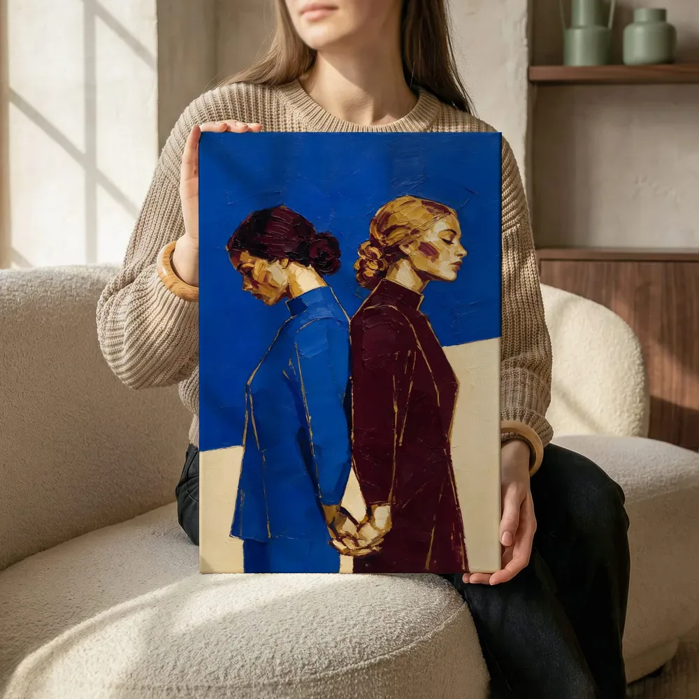 Sfeerimpressie: Twee vrouwen, olieverf in diep royal blauw terwijl het zittend wordt getoond