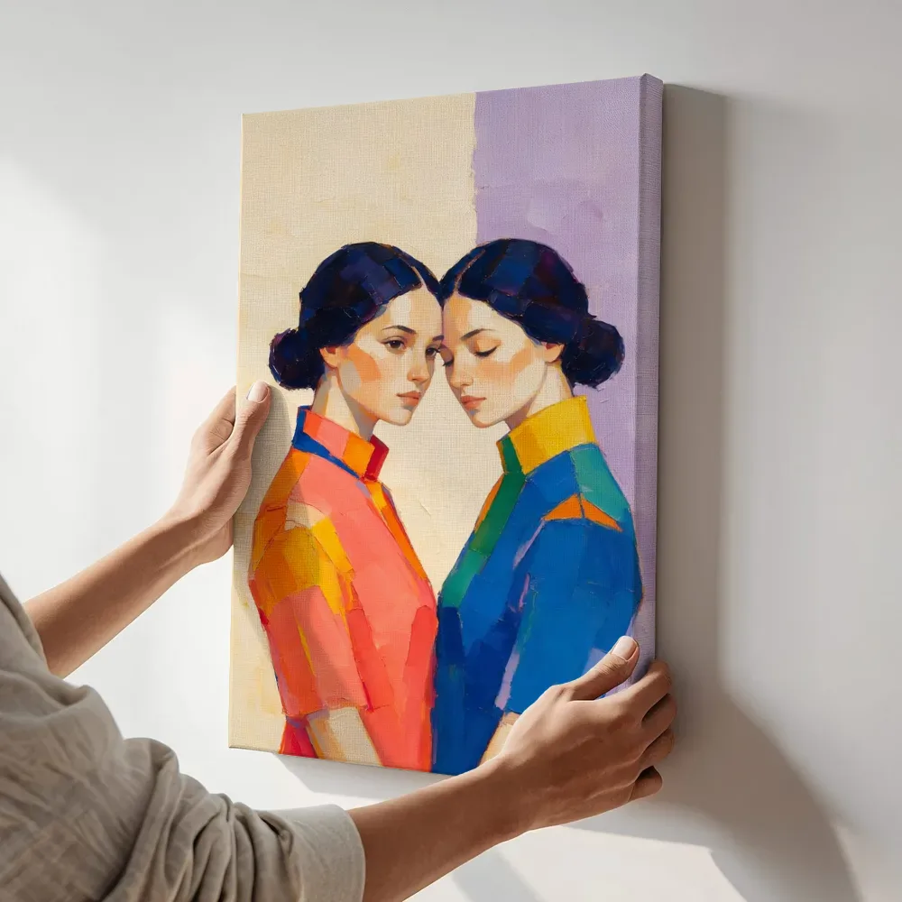 Sfeerimpressie: Twee vrouwen, olieverf in fel koraal terwijl het aan de muur wordt gehangen