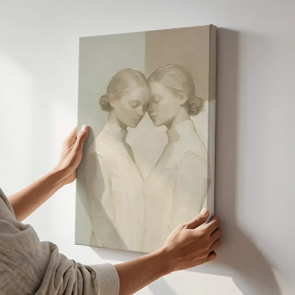 Sfeerimpressie: Twee vrouwen, olieverf in mist terwijl het aan de muur wordt gehangen