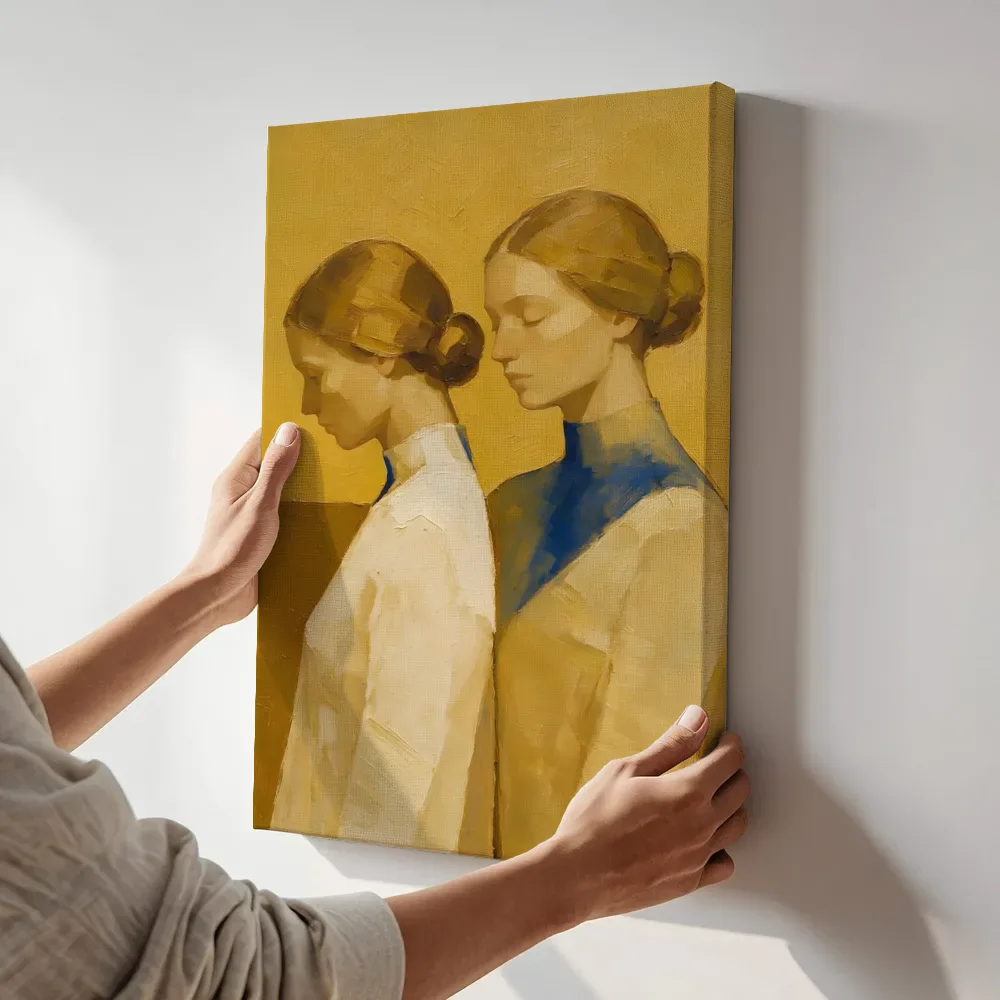 Sfeerimpressie: Twee vrouwen, olieverf in mosterd en kobalt terwijl het aan de muur wordt gehangen