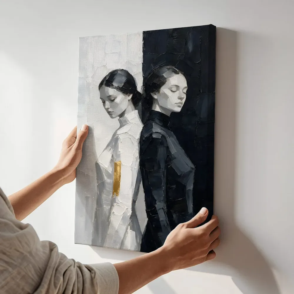 Sfeerimpressie: Twee vrouwen, olieverf in ravenzwart en parelmoer terwijl het aan de muur wordt gehangen