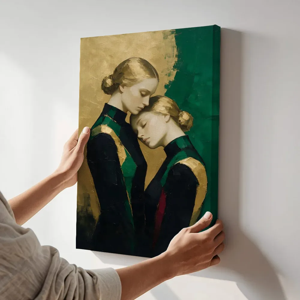 Sfeerimpressie: Twee vrouwen, olieverf in smaragd en zwart terwijl het aan de muur wordt gehangen