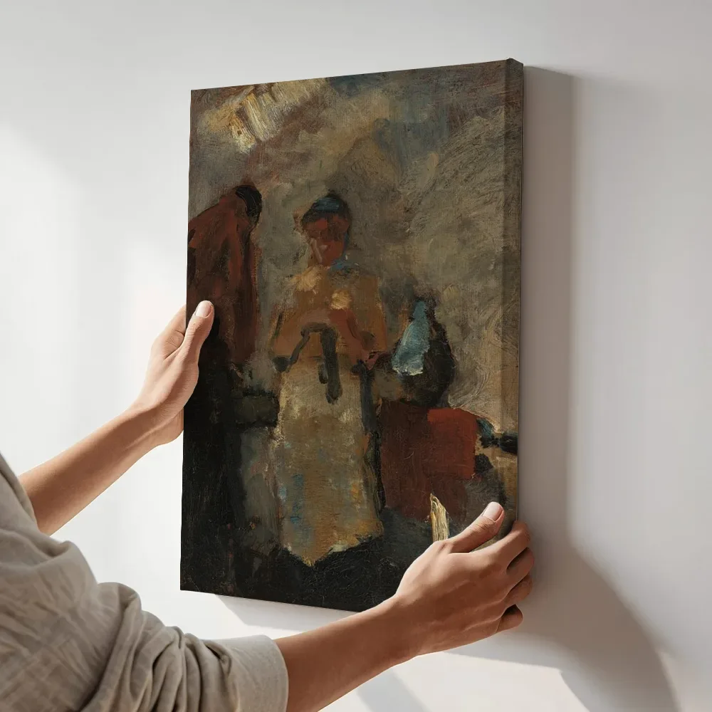 Sfeerimpressie: Twee vrouwen van George Hendrik Breitner terwijl het aan de muur wordt gehangen