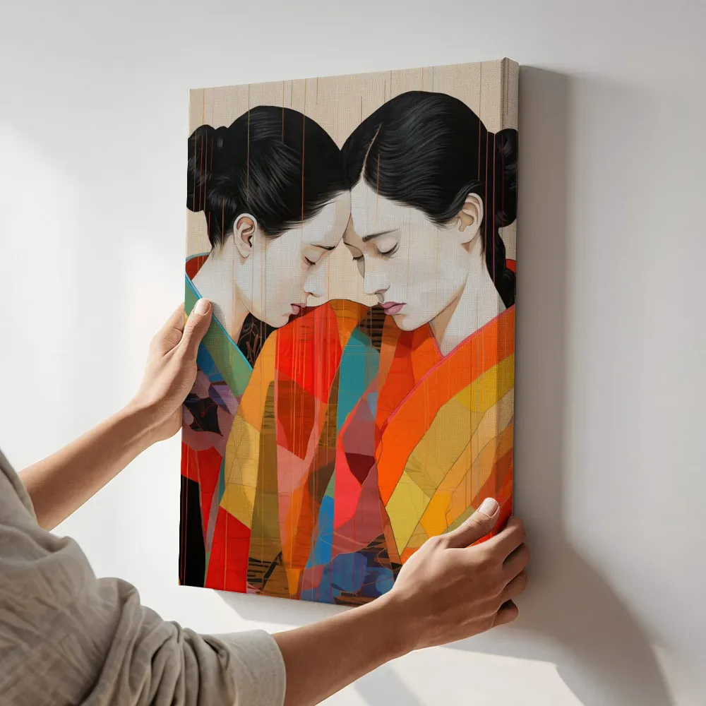 Sfeerimpressie: Twee vrouwen voorhoofd tegen voorhoofd in kimono terwijl het aan de muur wordt gehangen