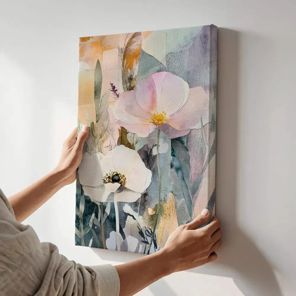 Sfeerimpressie: Twee witte papaverbloemen in collage terwijl het aan de muur wordt gehangen