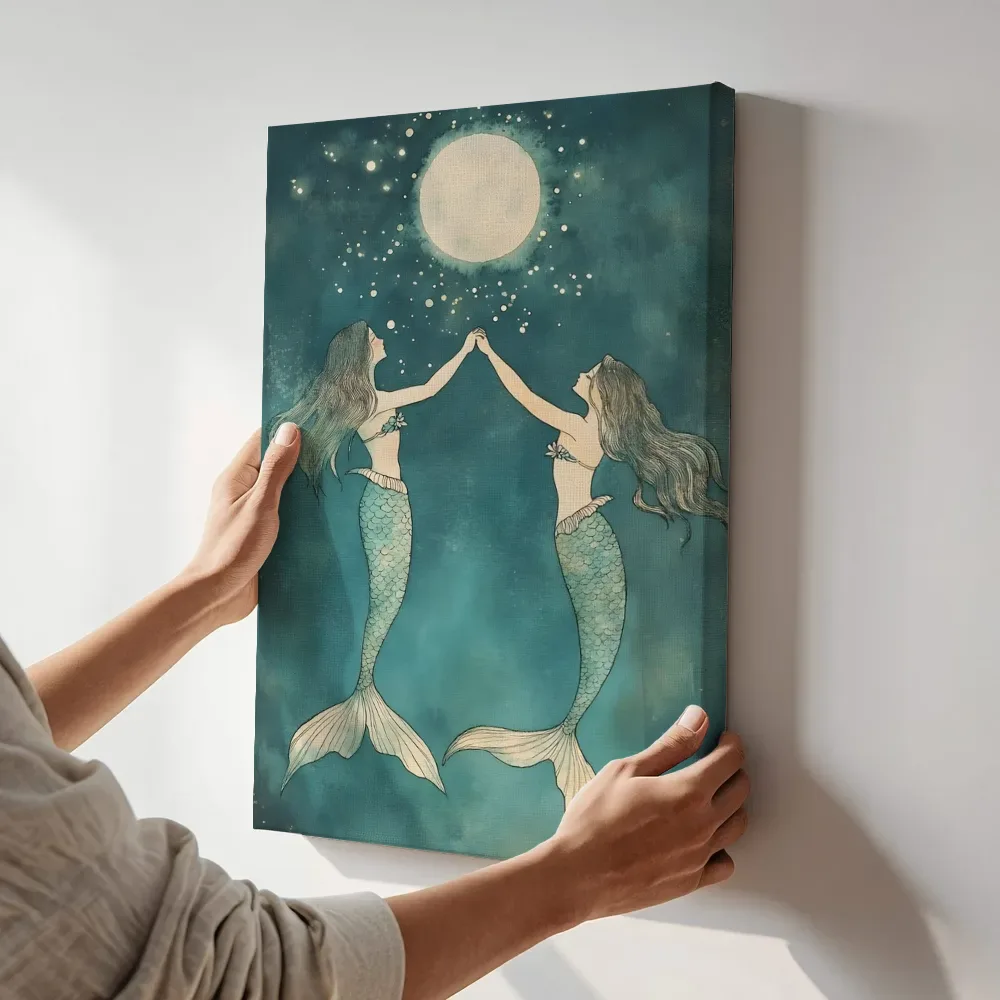 Sfeerimpressie: Twee zeemeerminnen bij volle maan terwijl het aan de muur wordt gehangen