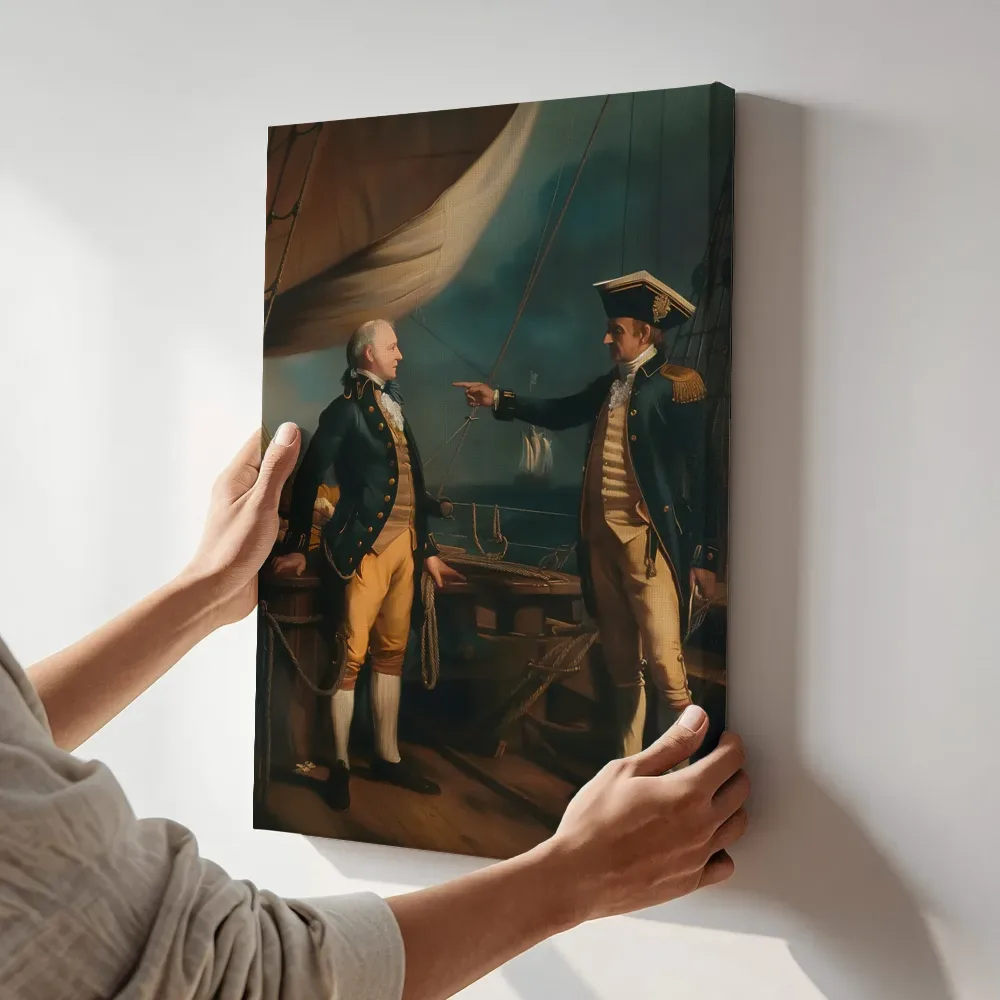 Sfeerimpressie: Twee zeeofficieren terwijl het aan de muur wordt gehangen